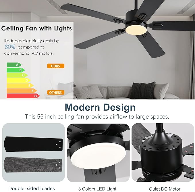 FUMLTP 56 inch Black Ceiling Fans with Lights and Remote/App Control, DC Reversible Motor, Noiseless, Dimmable, 6 Speeds Low Profile Modern Ceiling Fan for Livingroom, Indoor/Outdoor Use