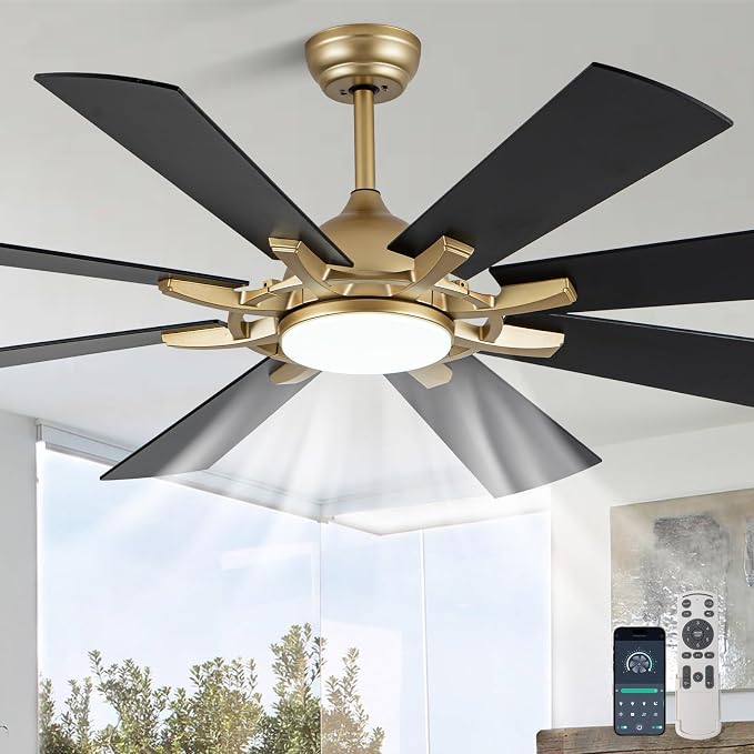 Bella Depot 60" Black and Gold Ceiling Fan with Light & Remote | Dimmable LED Light, 3CCT, 6-Speed Quiet Reversible DC Motor, Timer, Modern Indoor Ceiling Fan for Bedroom Living Room Patio