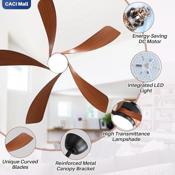 CACI Mall 52 Inch Ceiling Fans with Lights and Remote, modern, Outdoor ceiling fan with 6-Speed, 5 Blades, 2 Downrods, 3 CCT, Timer, Quiet Reversible DC Motor for Living Room, Bedroom, Patios