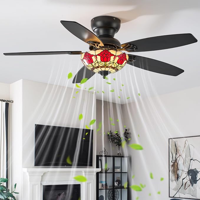 Tiffany Ceiling Fans with Lights - 48" Ceiling Fan Chandelier with 5 Dual-Blades and Glass Shade, 6 Speeds and Reversible, Indoor and Outdoor, Retro Style