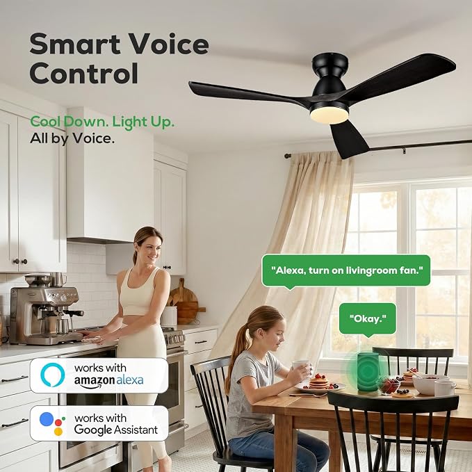 52in Smart Flush Mount Ceiling Fans with Lights,Outdoor Low Profile Wood Ceiling Fan Quiet DC Motor,Work with Alexa/Gg Voice Control/App/Remote,Dimmable,6-speed, Easy Install for Patio,Porch,Black