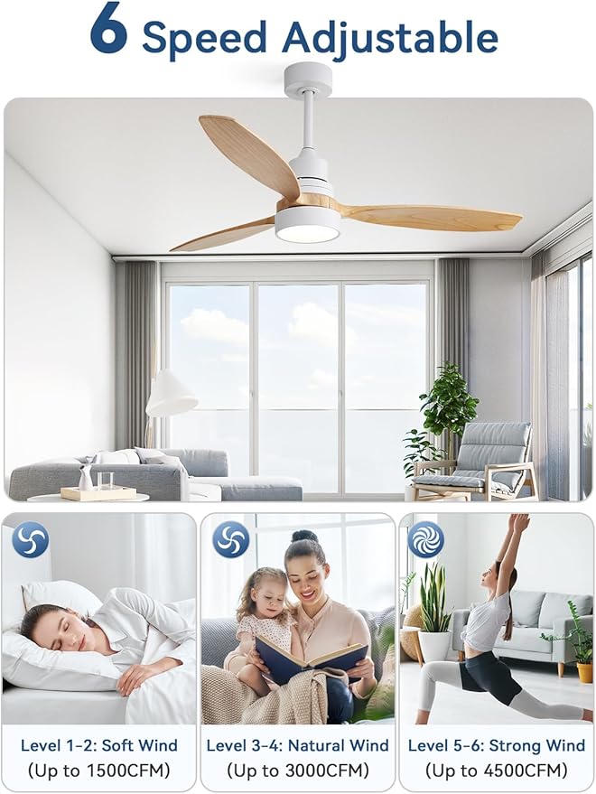 Sofucor Ceiling Fan with Lights, 52 Inch Modern Wood Ceiling Fan with Remote for Indoor Farmhouse Bedroom Living Room Outdoor Patio Porch, Reversible DC Motor, Noiseless