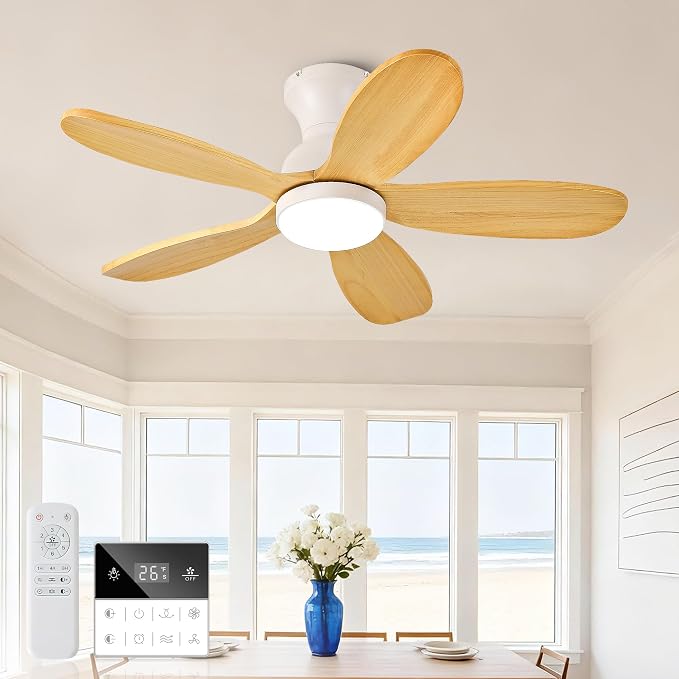36 Inch Wood Ceiling Fans with Lights,Small Low Profile Ceiling Fans and Remote,Flush Mount Ceiling Fan with 5 Blades 6 Wind Speeds, Modern Hugger Ceiling Fan for LivingRoom, Bedroom, Patio