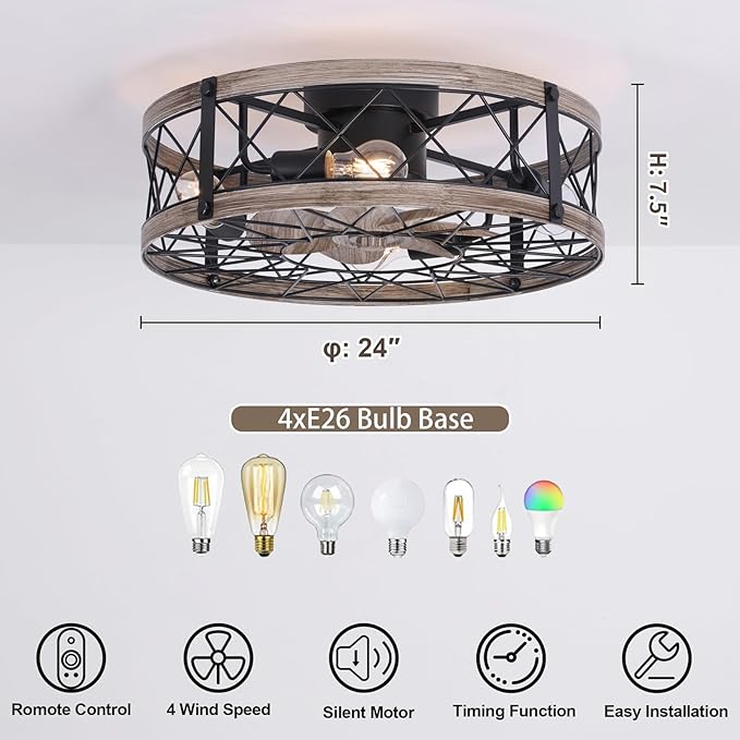 24" Farmhouse Caged Ceiling Fans with Lights Flush Mount, Rustic Low Profile Ceiling Fan with Light and Remote, Quiet Reversible DC Motor Bladeless Enclosed Ceiling Fan for Bedroom Kitchen Dining Room