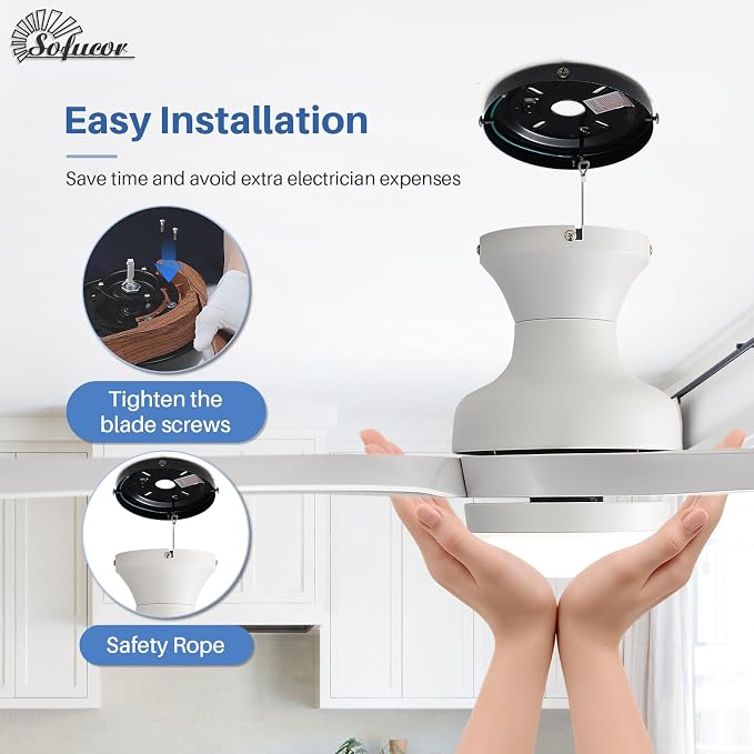 Sofucor 52 Inch Low Profile Ceiling Fan with Light, Flush Mount Outdoor White Ceiling Fan with Remote for Bedroom Living Room Patio, Dimmable LED High Airflow Quiet Reversible DC Motor