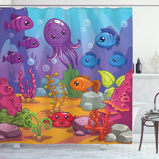 Ambesonne Whale Shower Curtain, Underwater World Aquarium Cartoon Octopus Reef Seaweed Stones Bubbles Illustration, Cloth Fabric Bathroom Decor Set with Hooks, 69" W x 70" L, Purple Blue