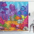 Ambesonne Whale Shower Curtain, Underwater World Aquarium Cartoon Octopus Reef Seaweed Stones Bubbles Illustration, Cloth Fabric Bathroom Decor Set with Hooks, 69" W x 70" L, Purple Blue
