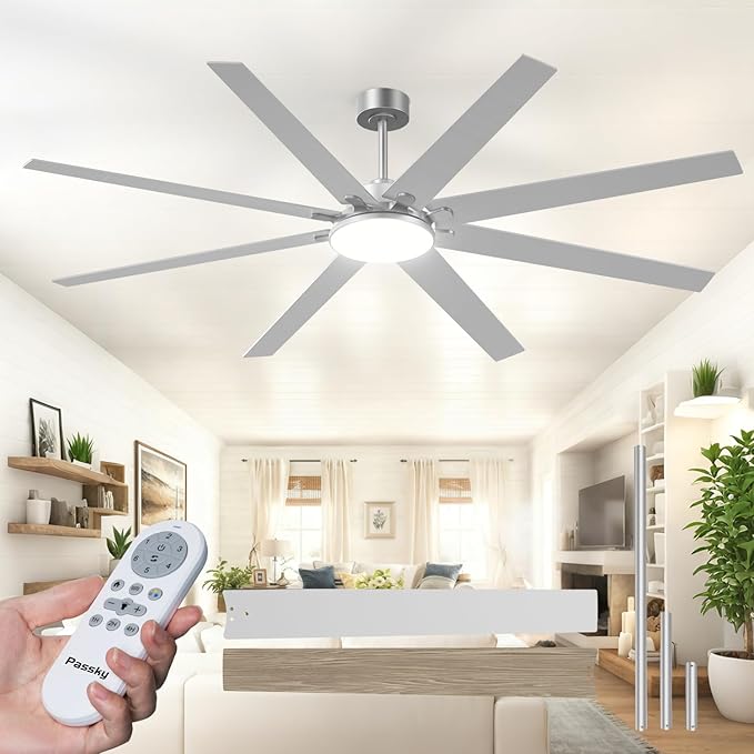 80 inch Ceiling Fans with Lights, Large Modern Ceiling Fan with Light and Remote Control, Reversible, Dimmable, 3CCT, Quiet, Nickel Ceiling fan For Bedroom Living Room Patio Farmhouse, Indoor/Outdoor
