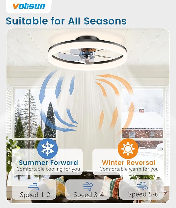 VOLISUN Low Profile Ceiling Fans with Lights and Remote, 20in Fandelier Ceiling Fan Flush Mount, 3000K-6500K Smart Bladeless LED Fan Light, Black Modern Ceiling Fans with Lights for Bedroom