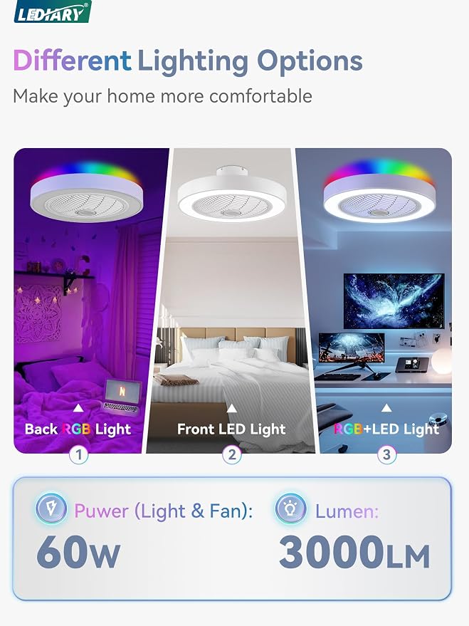 LEDIARY 22 Inch Low Profile Ceiling Fans with Lights, Led Bladeless Ceiling Fan, Remote Control Enclosed Flush Mount Ceiling Fan with Timming, 3000-6000K, 6 Wind Speed-White RGB