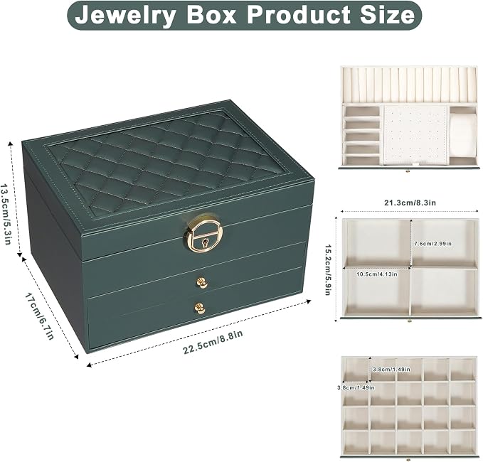 GUOER Jewelry Box for Women Girls, 3 Layers Large Jewelry Organizer(Hunter Green)