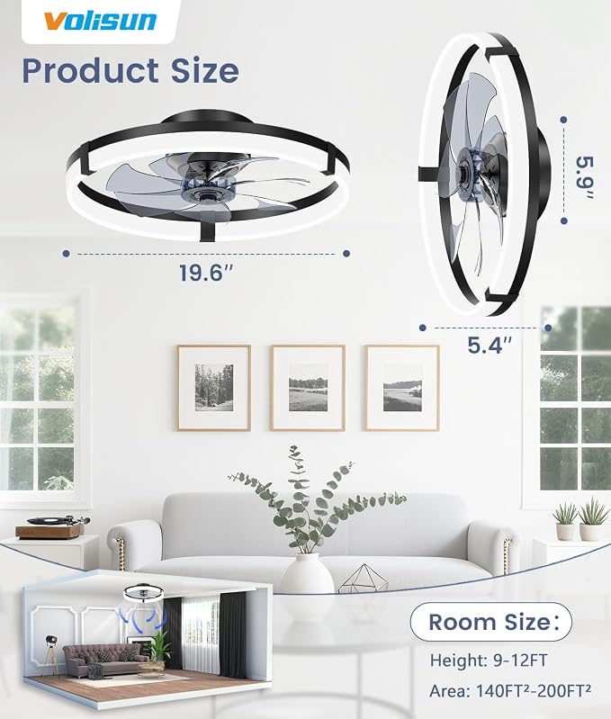 VOLISUN Low Profile Ceiling Fans with Lights and Remote, 20in Flush Mount Ceiling Fans with Light, 3000K-6500K Dimmable Fandelier Ceiling Fan, Black Bladeless Ceiling Fan for Bedroom