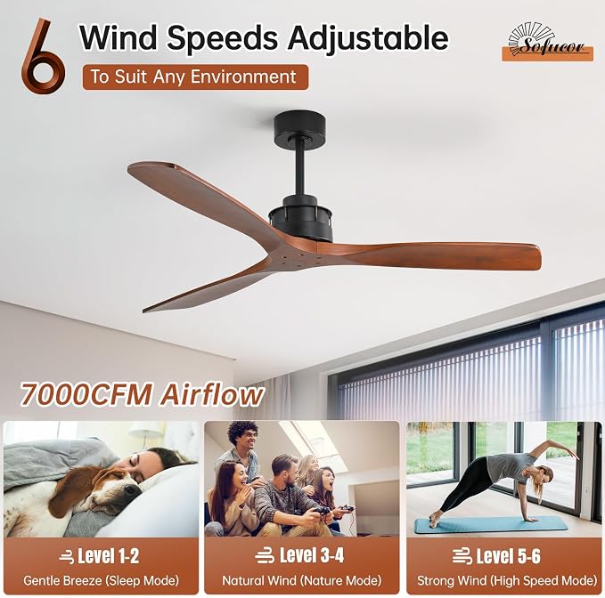 Sofucor 60 Inch Ceiling Fan No Light - Modern Solid Wood Ceiling Fan with Remote, 7000CFM High Airflow, Quiet DC Motor, 3 Rods & 6 Speeds, Timer & Reversible for Bedroom Living Room, ETL, Walnut Wood