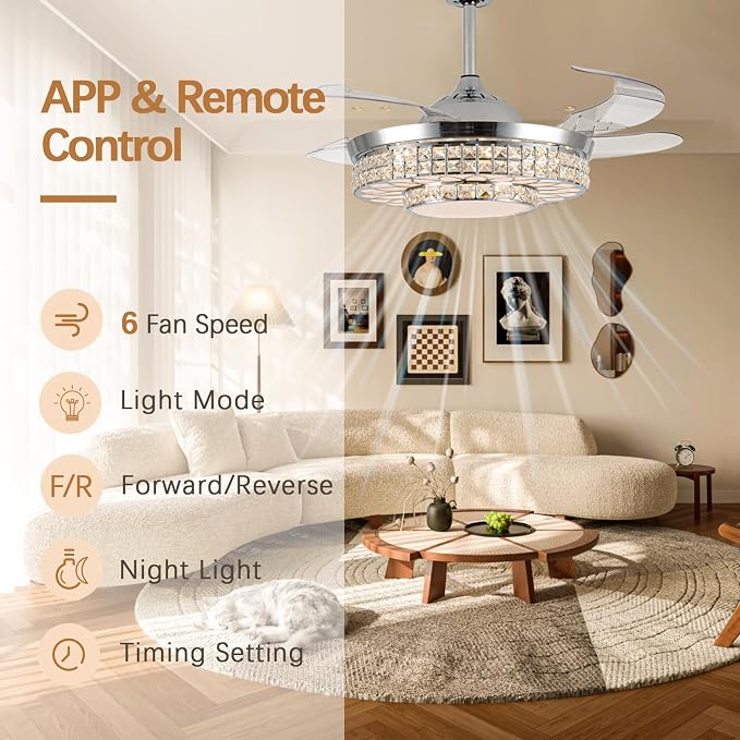 42" Retractable Ceiling Fans with Lights, Crystal Chandelier Ceiling Fan with Remote & APP Control, Modern Dimmable LED Fandelier for Living Room, Dinning Room, Bedroom (Silver)