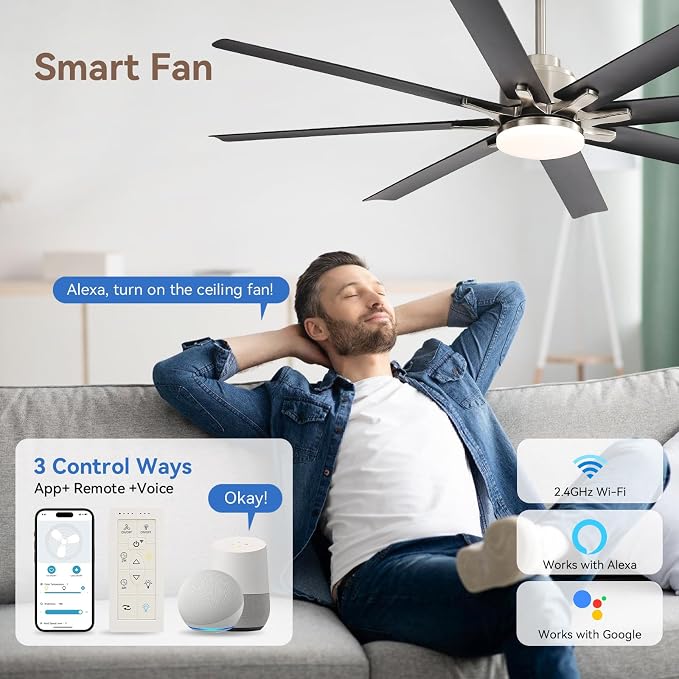 Sofucor Smart Ceiling Fans with Lights, 52'' Ceiling Fan with Light and Remote, Work with Alexa/Google, Black Indoor/Outdoor Ceiling Fan, Quiet DC Motor, 3CCT, 8 Blades Ceiling Fans for Bedroom Patio