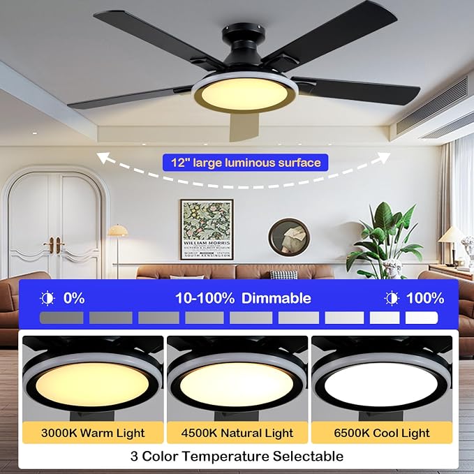 52" Ceiling Fans with Lights,Flush Mount Ceiling Fan with Light and Remote/App Control,Bluetooth Ceiling Fan with Speaker,6-Speed Reversible Motor,Full-Spectrum Adjustable Lighting,Edge Ambient Lights