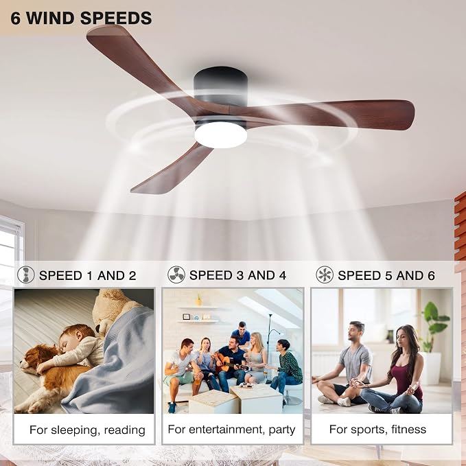 52" Flush Mount Ceiling Fan with Lights Remote Control, 3 Blades Wood Ceiling Fans, Quiet Reversible DC Motor, 6-Speed, Timer, Modern Ceilingfans for Low Profile, Walnut and Matte Black