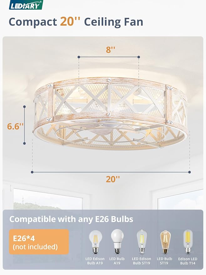 LEDIARY 20" Caged Ceiling Fan with Light, APP&Remote Control, Small Flush Mount Farmhouse Fan Lights, Low Profile Rustic Bladeless Ceiling Fan Fixtures for Bedroom, Kitchen-White Gold Color