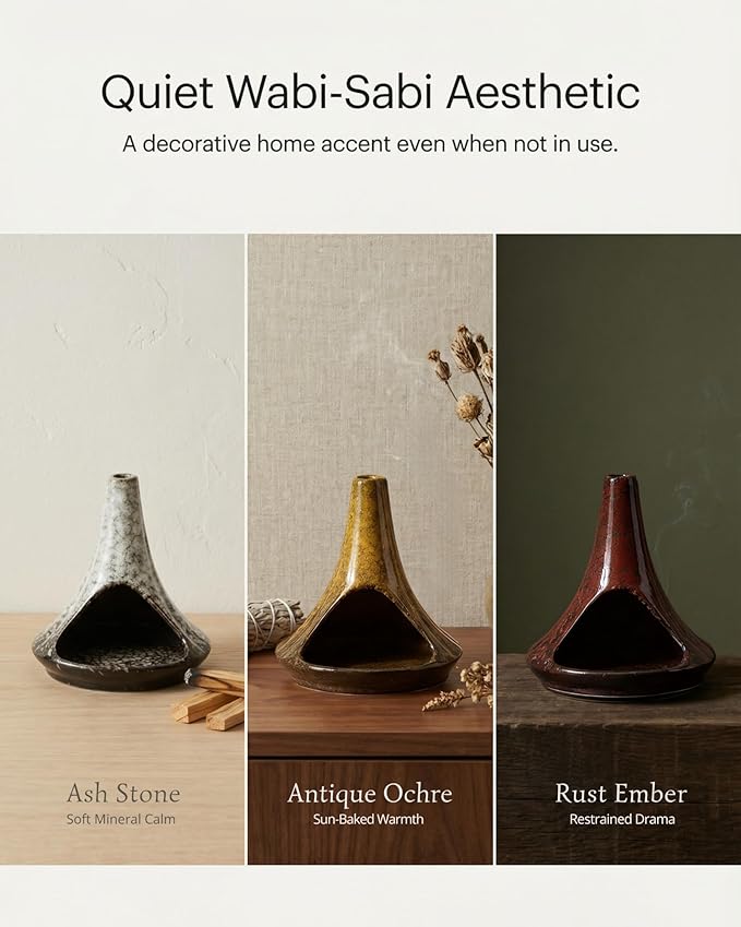 Ceramic Palo Santo Holder & Ash Catcher with Mini Chimney, Incense Holder & Sage Burner, Wabi-Sabi Home Decor for Meditation & Yoga(Rust Ember)