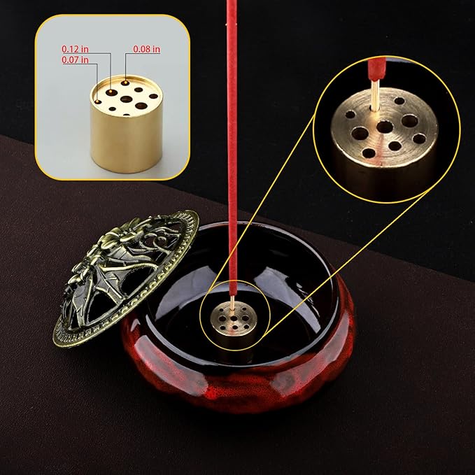 Ceramic Incense Burner Holder Set – 9 Hole Incense Stick Holder with Coil Incense Holder & Burner Tray – Multi-Function Censer for Cones, Coil Incense, and Stick Incense (Fambe Red)