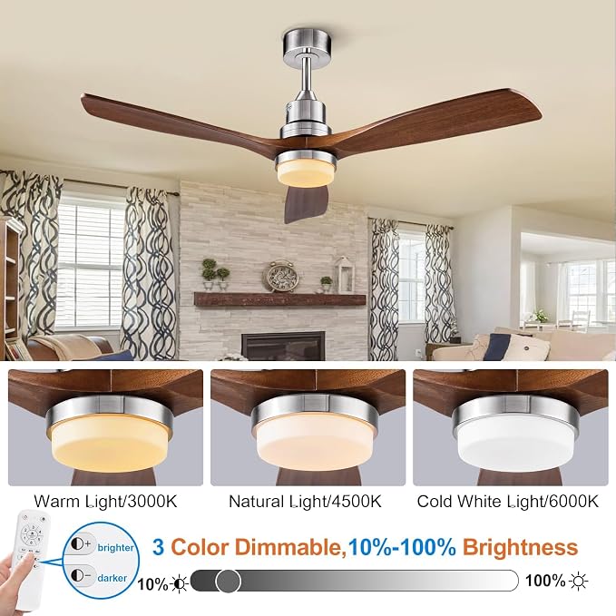 52 Inch Brushed Nickel Ceiling Fans with Lights and Remote Control, Dimmable, Modern Ceiling Fan Light, 3 Blades, 6 Speed DC Motor, Indoor Outdoor Ceiling Fan for Farmhouse,Bedroom