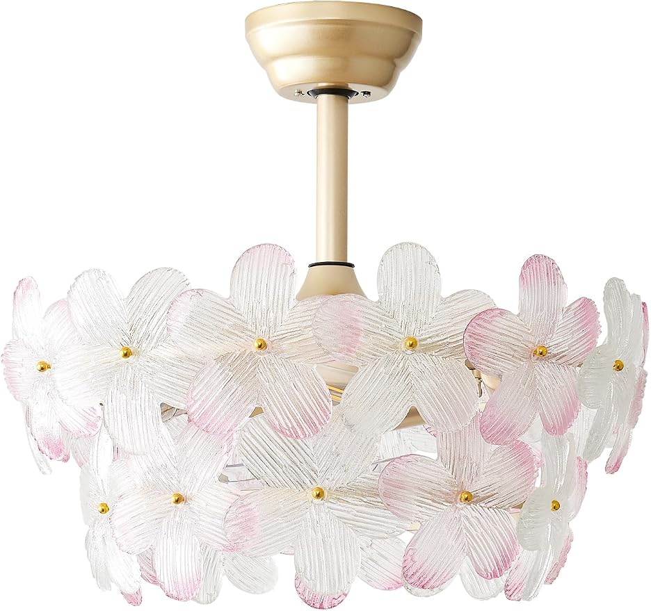 Gold Crystal Fandelier Ceiling Fans with Lights, 20" Gold Flower Chandelier Ceiling Fan with Light Remote Control, Caged Mid Century with 6 Speeds for Bedroom, Nursery, Living Room (Pink)