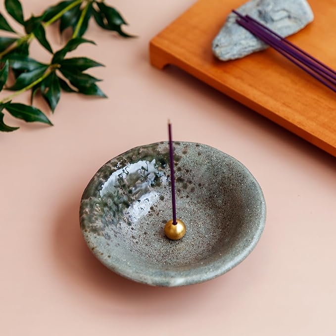 Asayu Japanese Small Incense Holder for Sticks 4.88 inch (124mm), Traditional Made in Japan Ceramic Ash Catcher and Brass Incense Burner Set - Grey