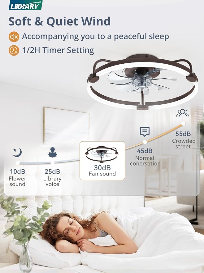 LEDIARY Ceiling Fans with Lights and Remote, 20'' Low Profile Ceiling Fan with Light, 3000-6000K Dimmable Fandelier LED Fan Light, 6 Wind Speeds, Brown Modern Flush Mount Ceiling Fan for Bedroom