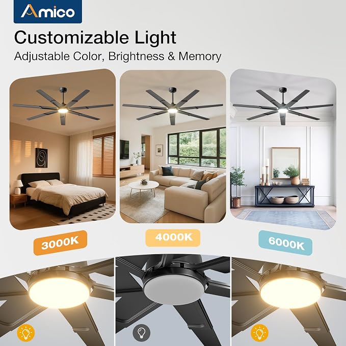 Amico Ceiling Fans with Lights,74 inch Black Ceiling fan with Light and Remote, 6 Speed Reversible DC Motor, 3CCT, Dimmable, Quiet, Timer, Large Modern Ceiling Fan for Living room, Indoor/Outdoor