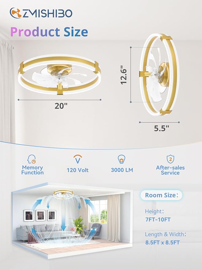 ZMISHIBO RGB Ceiling Fans with Lights and Remote, 20 inch Low Profile Ceiling Fan with Light, 3000K-6000K Dimmable & RGB, Modern Fandelier Flush Mount Ceiling Fan, Small LED Fan for Bedroom,Gold