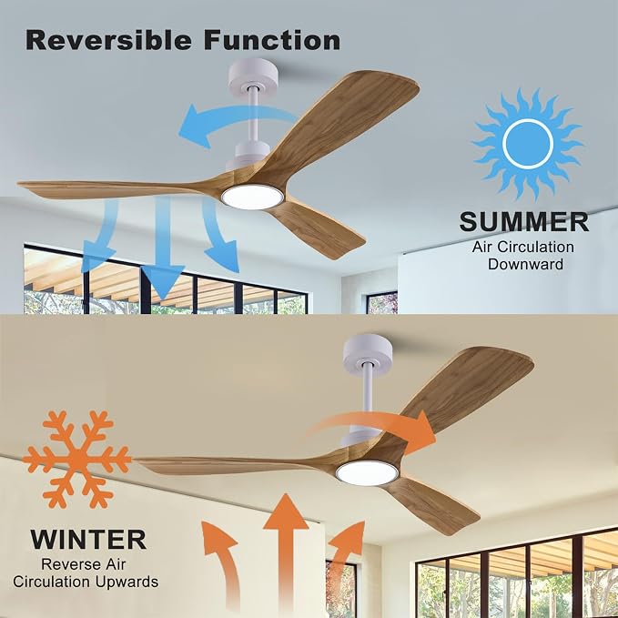 QUTWOB 52" Wood Ceiling Fan with Light, Reversible DC Motor, Remote Control | solid wood blades, quiet 6-speed reversible dc motor, remote with memory, 3-color led, for indoor outdoor patio bedroom