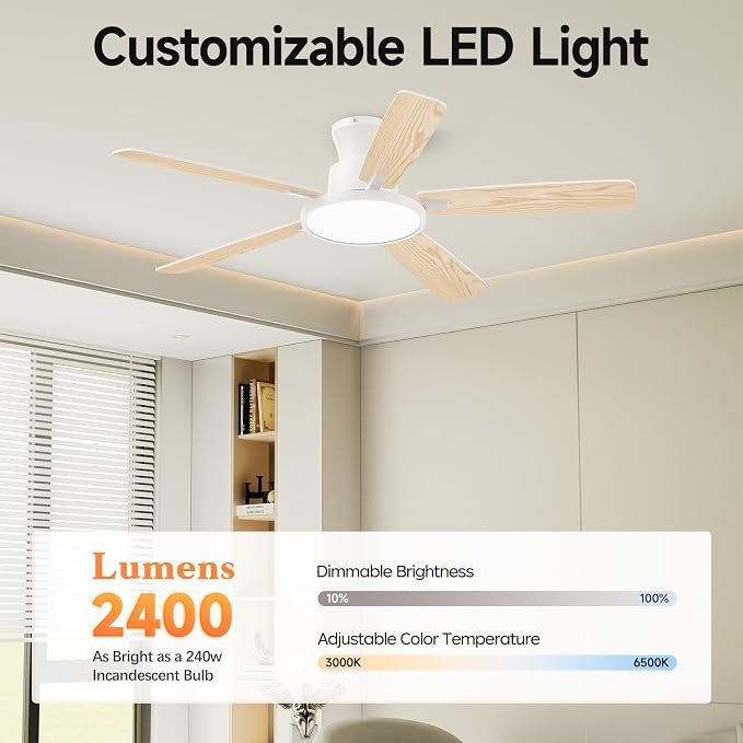 Ceiling Fans With Lights,52 Inch Smart Ceiling Fan, Remote/App Control, Compatible with Alexa/Google Assistant,Reversible,Dimmable,Adjustable Color Temperature,6 Speeds,Timer(White)