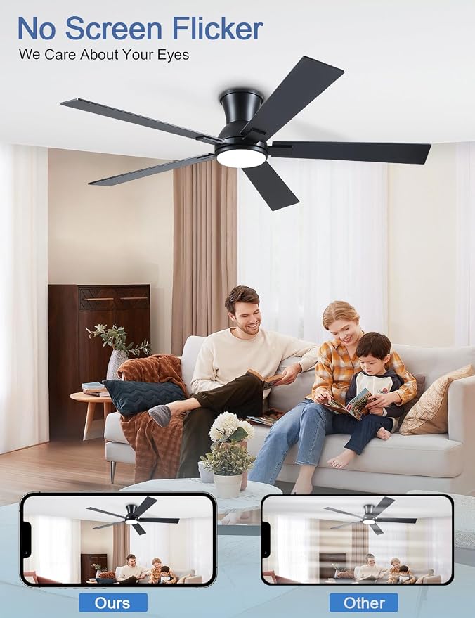 60 Inch Black Flush Mount Ceiling Fans with Lights, 3CCT Dimmable LED, 6-Speed Remote Control, Reversible Motor,Quiet Low Profile Energy-Efficient for Bedroom & Living Room,ETL Listed