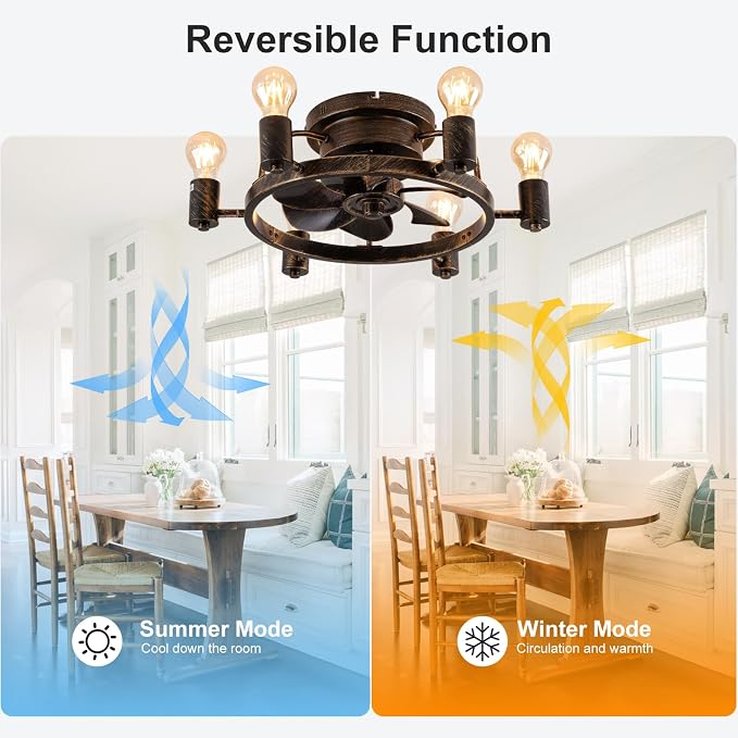 Garwarm Ceiling Fans with Lights and Remote, 20 Inch Low Profile Flush Mount Ceiling Fan with Light, Farmhouse Rustic Industrial Fan Lights Ceiling Fixtures for Bedroom,Kitchen(6 Speed,Timing)-Bronze