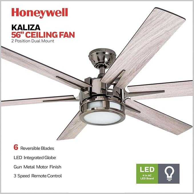 Honeywell Ceiling Fans Kaliza Modern 56 Inch Ceiling Fan with Light, Remote Control Fan, LED Indoor Fan with 6 Blades, Black Pine and Pewter Blade Finish Options, Matte Nickel (51626-01)