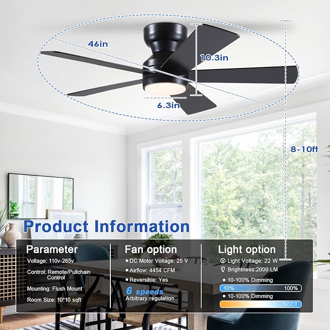 Black Ceiling Fans with Lights - 46" Flush Mount Ceiling Fan with Remote and 5 Reversible Blades, 3CCT Dimmable, 6 Wind Speeds&2H Timer, Indoor Low Profile Fan Light Fixture for Modern Bedroom