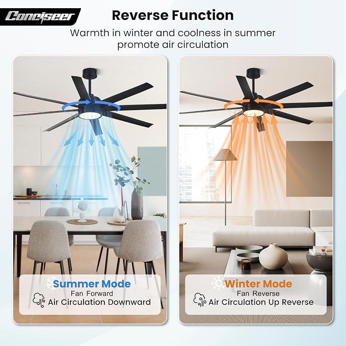 Modern Ceiling Fans with Lights, 65 Inch Ceiling Fan with Light and Remote for Bedroom Living Room Kitchen Office, Indoor/Outdoor Use, 24W 6CCT 8 Blades 6 Speed Reversible Quiet DC Motor, Black