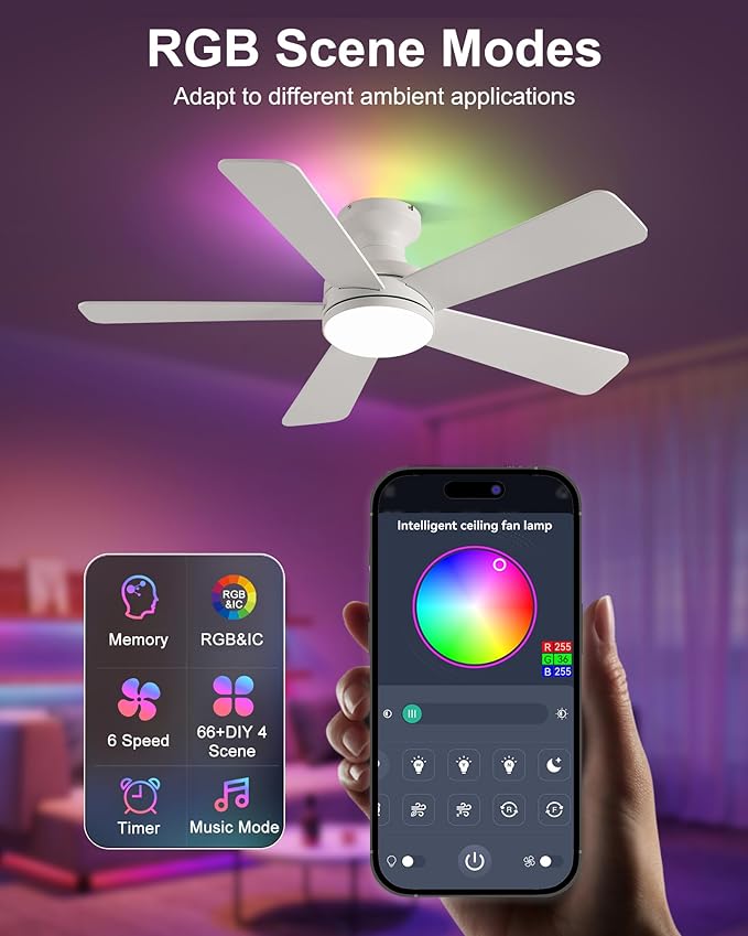 42 Inch Ceiling Fans with Lights, RGB Ceiling Fan with Light, App&Remote Control, Flush Mount Low Profile, Reversible, 3CCT, Dimmable LED, Noiseless, White Ceiling Fan for Bedroom