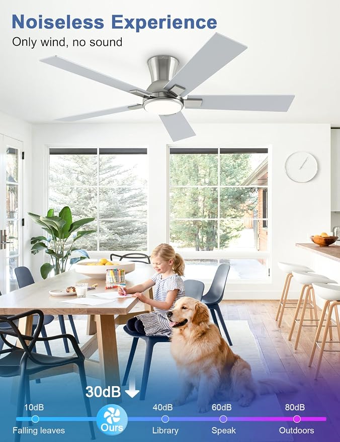52 Inch Ceiling Fans with Lights and Remote, Brushed Nickel Flush Mount Low Profile Ceiling Fan for Bedroom, Patio, Reversible DC Motor, 6-Speed Quiet LED Dimmable, ETL Listed