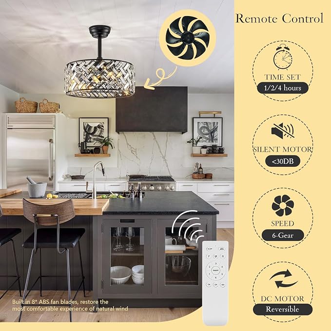 Modern Caged Ceiling Fan with Light Crystal Fandelier with Remote Control 18” Black Flush Mount Ceiling Fan DC Motor with Reversible 8 Blades 6 Speeds for Bedroom Dining Room Kitchen