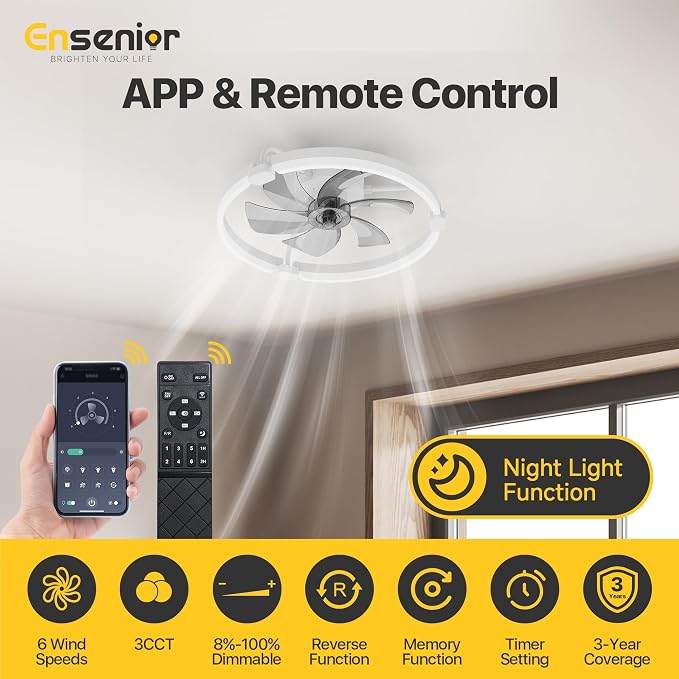Ensenior Ceiling Fans with Lights and Remote, 20" Low Profile Ceiling Fan Flush Mount, APP Control, 6 Speed, 3CCT, Quiet Reversible DC Motor, Dimmable Modern Ceiling Fan with Light for Bedroom, White