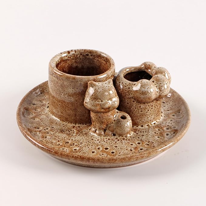4 in 1 Palo Santo Holder, Sage Holder for Burning, Sage Tray with Incense Burner Holder for Sticks, Smudge Pot, Sage Burner Bowl, Ceramic Cat Paw Ash Catcher Tray (Brown)