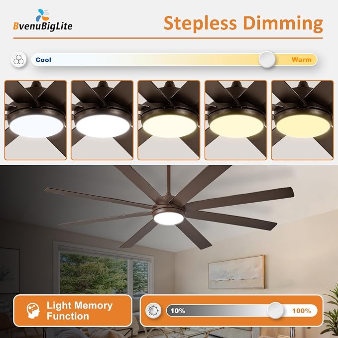 Large Ceiling Fan with Light: 66 Inch Indoor/Outdoor Fan Reversible DC Motor 6 Speed - Dual 8 Blades Big Ceiling Fans with Lights Dimmable 3CCT for Living Room Covered Patio, Brown