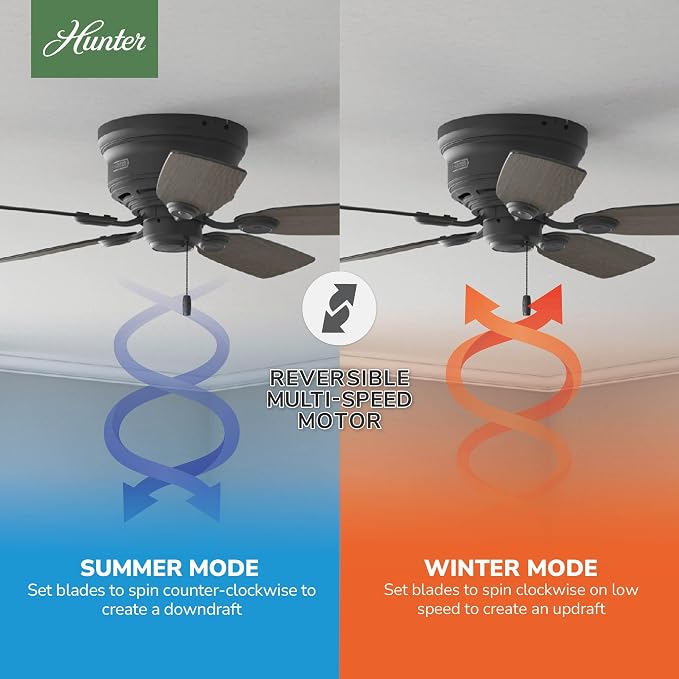 Hunter Low Profile IV, Indoor, Ceiling Fan, No Light, 42 inch, Matte Black | Low Profile Flush Mount, Pull Chain, 5 Blades, For Bedroom, Living Room, Kitchen, 52392