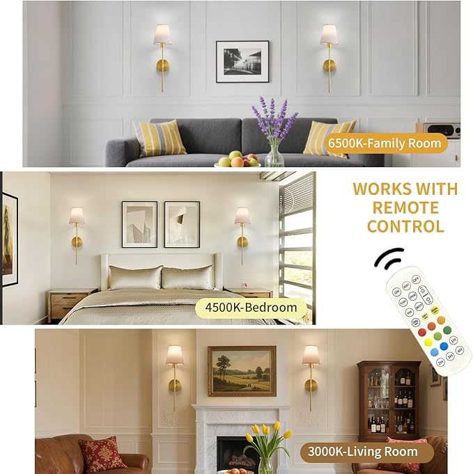 Battery Operated Wall Sconce Set of 2, Gold Rechargeable Wireless Wall Lights with Remote - Dimmable RGB LED Bulbs, 13 Color Options, Cordless Wall Lamps for Bedroom, Living Room, Hallway Decor
