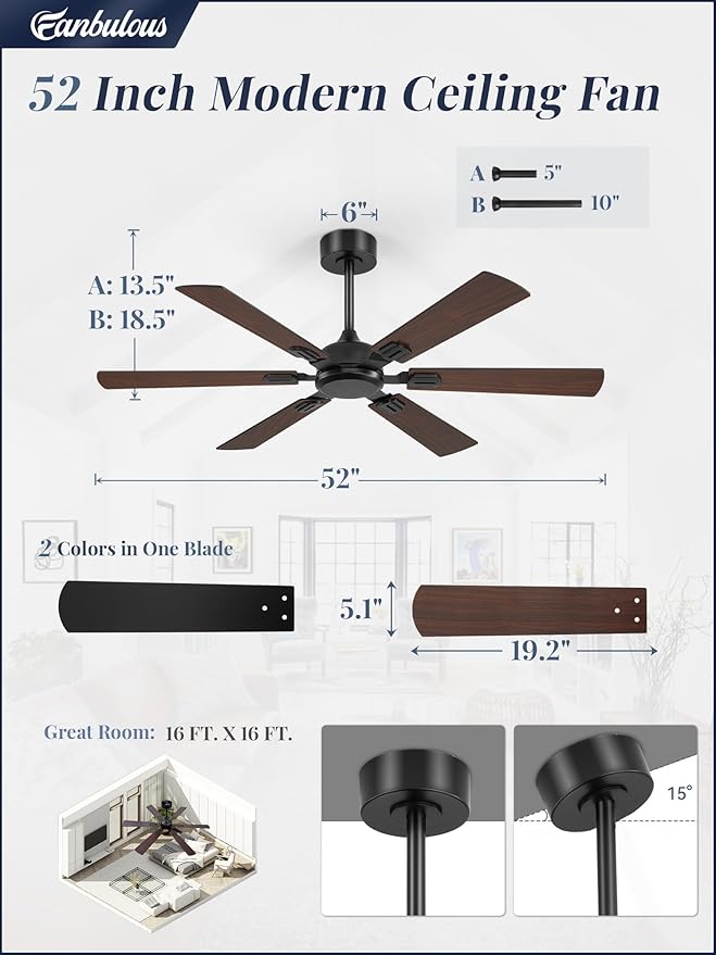Fanbulous 52 Inch Ceiling Fans No Light with Remote, Modern Ceiling Fan Without Light, Dual Finish 6 Blades, Reversible Quiet DC Motor, 6 Speed, Large Ceiling Fan for Indoor or Covered Outdoor, Black