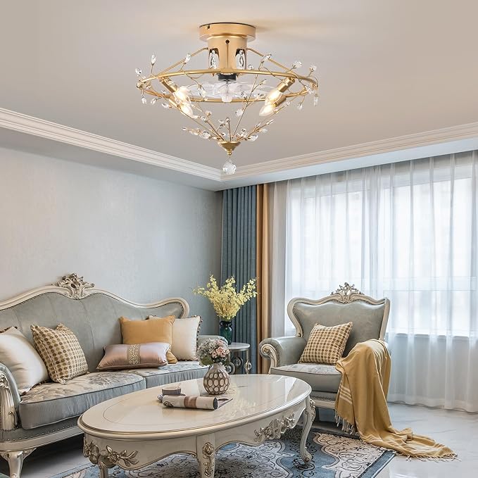 Ganeed 23.6 Inch Gold Crystal Fandelier Ceiling Fan with Light, Chandelier Ceiling Fan with Lights Remote Control, Modern Crystal Fandelier 6 Speeds for Girl's Bedroom Nursery Living Room Kitchen