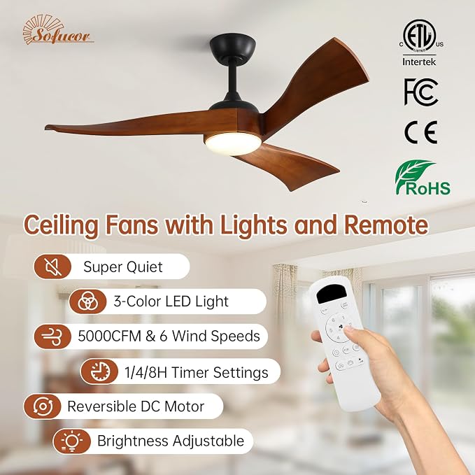 Sofucor 52 Inch Ceiling Fan with Light and Remote - 3 Solid Wood Blades, Quiet DC Motor, 6 Speeds 5000CFM, Dimmable Tri-Color LED with Memory, Timer & Reversible for Living Room, ETL, Walnut Wood