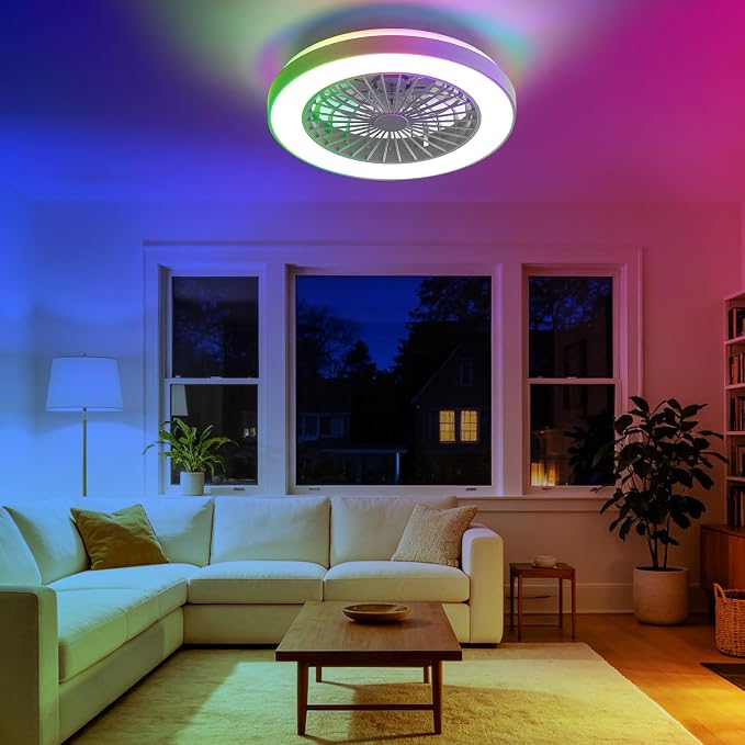 Depuley RGB Ceiling Fan with Light: 19" Enclosed Low Profile Flush Mount LED Ceiling Fans with Remote Control - Modern White Bladeless Fandelier Dimmable Quiet DC Motor for Bedroom KTV Room