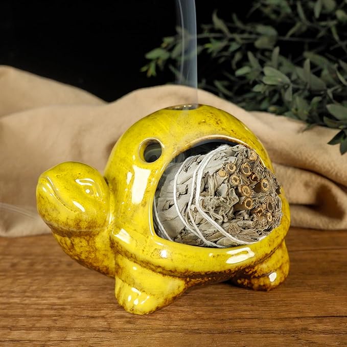 Mougigi Yellow Ceramic Turtle Palo Santo Burner Holder-Mini Chiminea Incense Dish for Burning Smudge Sticks、Sage、Aromatic Santos、 Incense Cones Fits Altar &Zen Spaces,Unique Gift for Friends & Family